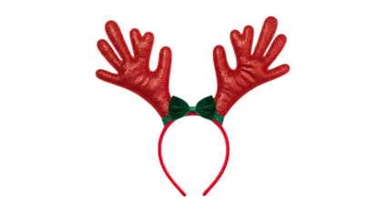 Festive red reindeer antler headband with green bow isolated on transparent background