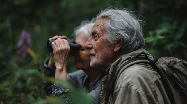 Senior couple exploring nature while birdwatching with binoculars.
