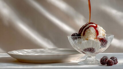   Ice cream & raspberries in a glass bowl on a table Raspberry plate beside it