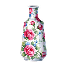 Watercolor White vase with pink roses and blue flowers isolated on a transparent background