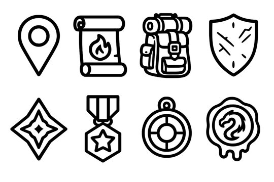 Adventurer Rank Icons. Adventurer Advancement Set linear set: novice pin, early skill scroll, mid-tier gear, hardened item, advanced symbol, hero rank badge, grandmaster token,