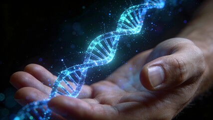 Hand Holding Glowing Digital DNA Helix Science Concept