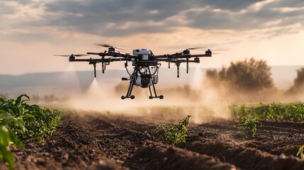 High-tech agriculture scene showing soil, crop analysis, smart farming technology, digital data overlays. Agro-technology, precision farming, agri-investment, productivity growth, sustainable agricult