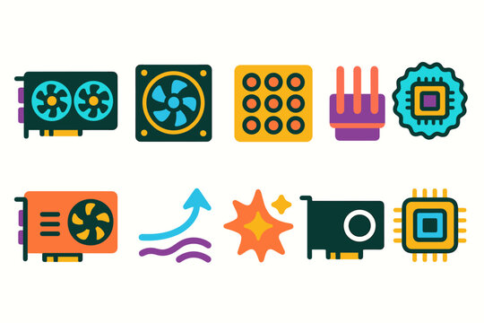 Computer hardware flat icon set. Pc components, hardware elements flat collection