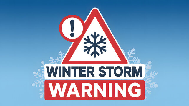 Winter storm warning road sign with snowflake and exclamation mark