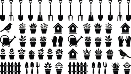 Vector collection of gardening silhouettes including shovels, rakes, potted plants, birdhouses, watering cans, fences, gloves, and birds for spring design. © MDTAHMID