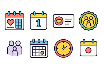 Event planning flat icon set. Calendar, clock, group, and task icons flat collection