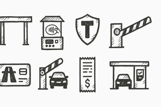 Toll, parking doodle icon set. Sketch-style icons for transportation and payment.
