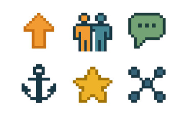 Obraz premium Encouragement Icons Set. Workplace Encouragement Symbols set of icons in flat pixel vector style: uplifting arrow, cooperative duo, positive chat bubble, steady anchor, morale star