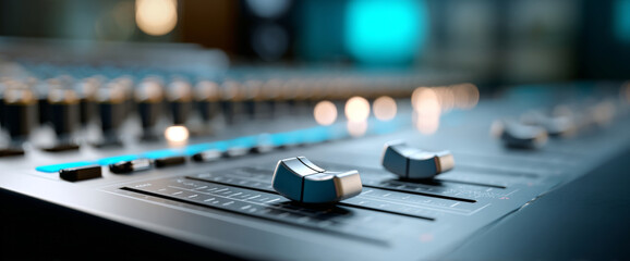 Close-up of audio mixing console sliders and knobs in a recording studio with blurred background lights and controls