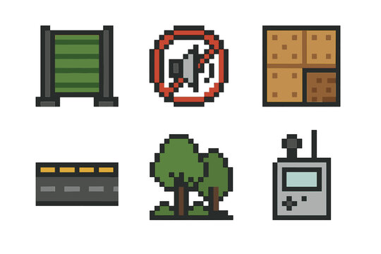 Urban Sound Icons. Urban Sound Management pixel style set: noise barrier panel, quiet zone sign, soft pavement tile, traffic buffer line, greenery sound shield, ambient monitor.