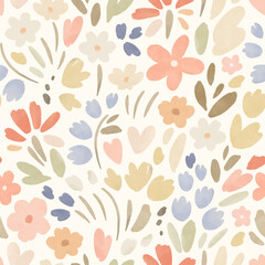 Watercolor seamless pattern of simple design floral elements for textile, wallpapers or fabric. Cute hand drawn illustration on ivory background in pastel delicate colors.
