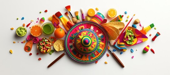 Mexican Fiesta Flat Lay with Sombrero, Guacamole, Tortillas, and Colorful Art Supplies on White Background