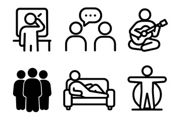 Daily Lifestyle Icons. People & Lifestyle Moments linear set: daily routine icon, shared conversation bubble, personal hobby item, social gathering silhouette, relaxed activity