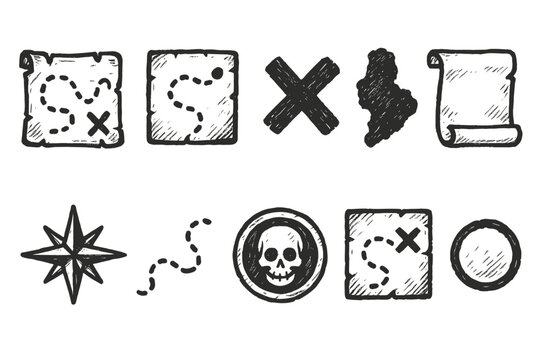 Treasure hunt flat icon set. Adventure, map, navigation icons collection