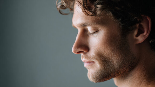 Close-up profile of a young man with closed eyes and curly hair against a plain gray background, showing calm and peaceful expression - Powered by Adobe