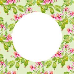 Feijoa. Square template for invitation, greeting card, label, banner with place for text with feijoa leaves, buds, fruits and pink flowers. Watercolor hand drawn illustration with copy space