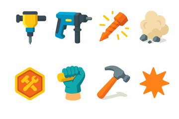 Obraz premium Construction tools flat icon set for industrial, building, repair, and maintenance projects