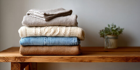 Stack of folded cozy sweaters and denim on wooden table with blurred plant in background in minimalist interior
