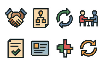 Obraz premium Collaborative Icon Set. Joint effort elements set of icons in flat pixel vector style: group handshake, collaboration plan, cooperative arrows, shared workspace icon, outcome sheet