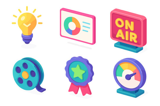 Creative Process Icons. Show Development Stages flat isometric set: concept spark icon, segment outline card, recording session lamp, post-production reel, release badge, listener