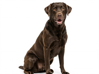 A beautiful chocolate Labrador retriever dog sitting patiently and looking forward with an open mouth on a clean white background.