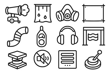 Noise Control Icons. Air & Sound Reduction Elements linear set: mist cannon, dust curtain, respirator mask, containment tarp, suction hose, decibel gauge, ear defenders, sound
