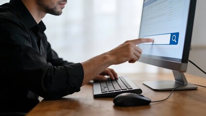 Man using computer and pointing at screen