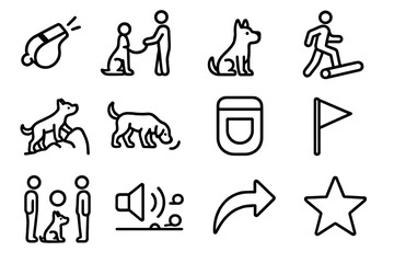 Outdoor Training Icons. Adventure Training Outdoors linear set: recall whistle, long-line training, focus sit, balanced step over log, confidence climb stone, controlled sniff cue,