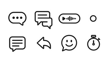 Online Chat Icon Set. Online Conversation Dynamics linear set: typing indicator, message thread, voice note icon, status dot, topic card, reply arrow, sentiment bubble,