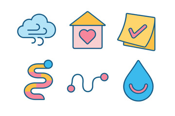 Supportive Wellbeing Icons. Supportive Wellbeing Practices isometric flat set: breathing cloud, safe space sign, gentle reminder note, coping pathway, connection thread, relief
