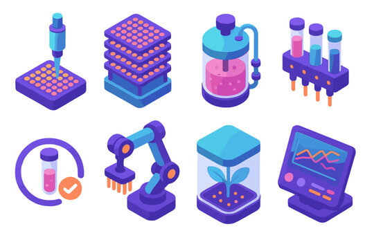 Biofoundry Icon Set. Next-gen biofoundry systems flat isometric set: automated pipette tile, microplate array, bioreactor node, reagent dispenser bar, sample tracker icon, robotic