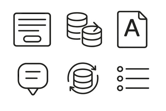 Database Icon Set. Term Database Elements linear set: entry panel, cross-reference arrow, glossary page, context tag, update icon, sorted list.