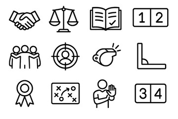 Icons of Fair Play. Healthy Competition linear set: fair play handshake, balanced scale, rulebook, match scoreboard, team huddle, focus target, referee whistle, boundary line