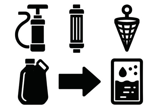 Bold Water Filter Icons. Portable Water Filter Set silhouette set: pump filter, hollow-fiber cartridge, pre-filter mesh, collapsible water bag, flow arrow, clarity meter.