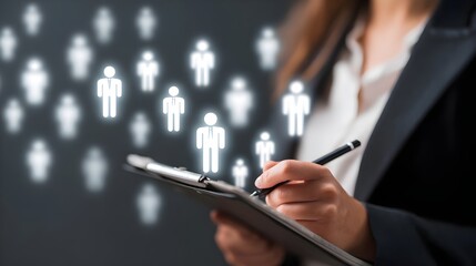 Female HR specialist taking notes with holographic social media icons. Concept: Human resources, global recruitment, talent networking, digital hiring, business success, and social media integration.