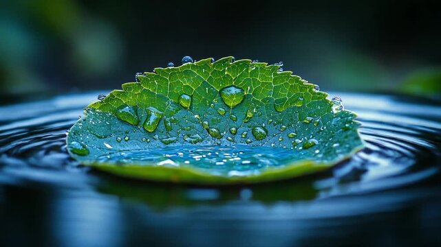 Green leaf floating on water with raindrops glistening