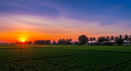 Tropical Sunrise over Lush Green Fields with Palm Trees