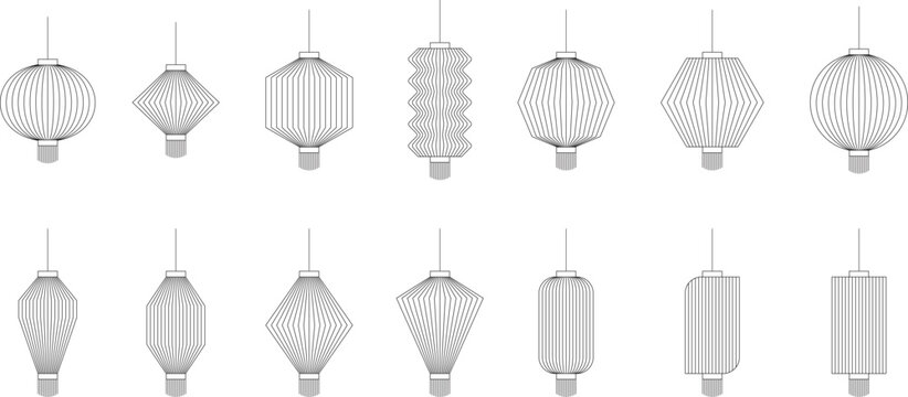 set of chinese lantern outline vector isolated on transparent background. Collection of traditional chinese lanterns