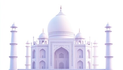 Minimalist Taj Mahal Architecture with Central Dome and Minarets, Stylized White and Purple Render of Iconic Indian Monument