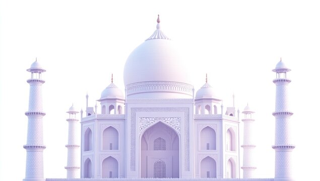 Minimalist Taj Mahal Architecture with Central Dome and Minarets, Stylized White and Purple Render of Iconic Indian Monument