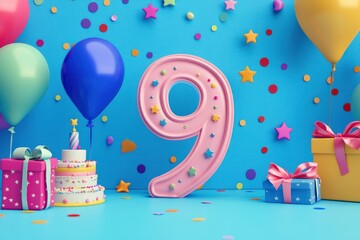 9th Birthday Celebration Party Scene with Pink Number Nine, Colorful Balloons, Cake, and Gift Boxes