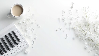 Minimalist flat lay of piano keys, coffee cup, musical notes, and white flowers on a clean white background, ideal for music, creativity, and relaxation themes.