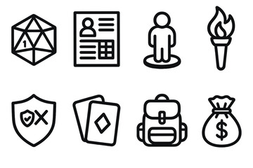 RPG Icon Collection. Tabletop RPG icons linear set: polyhedral dice, character sheet, mini figure, torch, skill check symbol, card deck, backpack, treasure pouch.