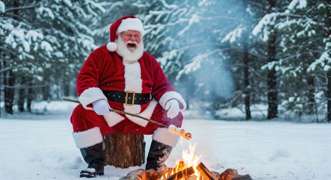 Santa Claus laughing while roasting marshmallows over campfire in snowy Christmas forest with copy space