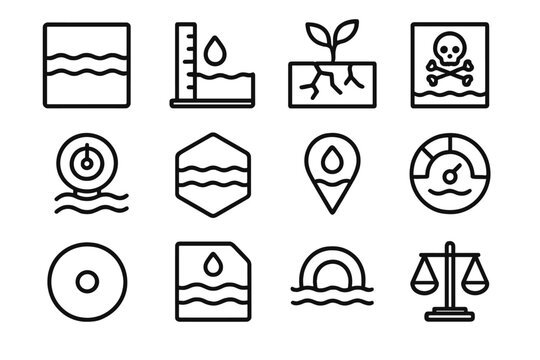 Aquatic Monitoring Icons. Freshwater Stability Structures linear set: water reserve tile, groundwater level gauge, drought impact node, contamination warning bar, flow-control dial