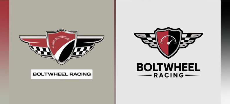 Boltwheel Racing winged shield logos with speedometer and checkered flag, motorsport emblem set, modern vector branding for automotive clubs, teams and events - Powered by Adobe