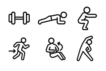 Fitness Icons Series. Physical Conditioning linear set: dumbbell pair, plank pose, squat stance, running arrow, core twist icon, stretch line.