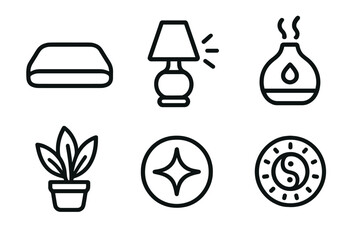 Holistic Home Icons. Holistic Home Retreat linear set: soft seating pad, warm ambience light, diffuser jar, tranquil plant, reflective decor icon, harmony dial.