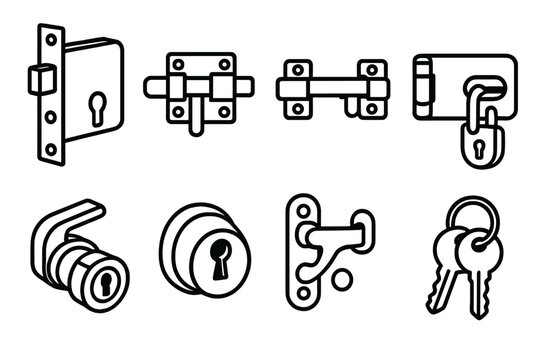 Mechanical Lock Icons. Mechanical lock items linear set: mortise lock, slide latch, barrel bolt, clasp hasp, cam latch, lock core, gate catch, keyring set.